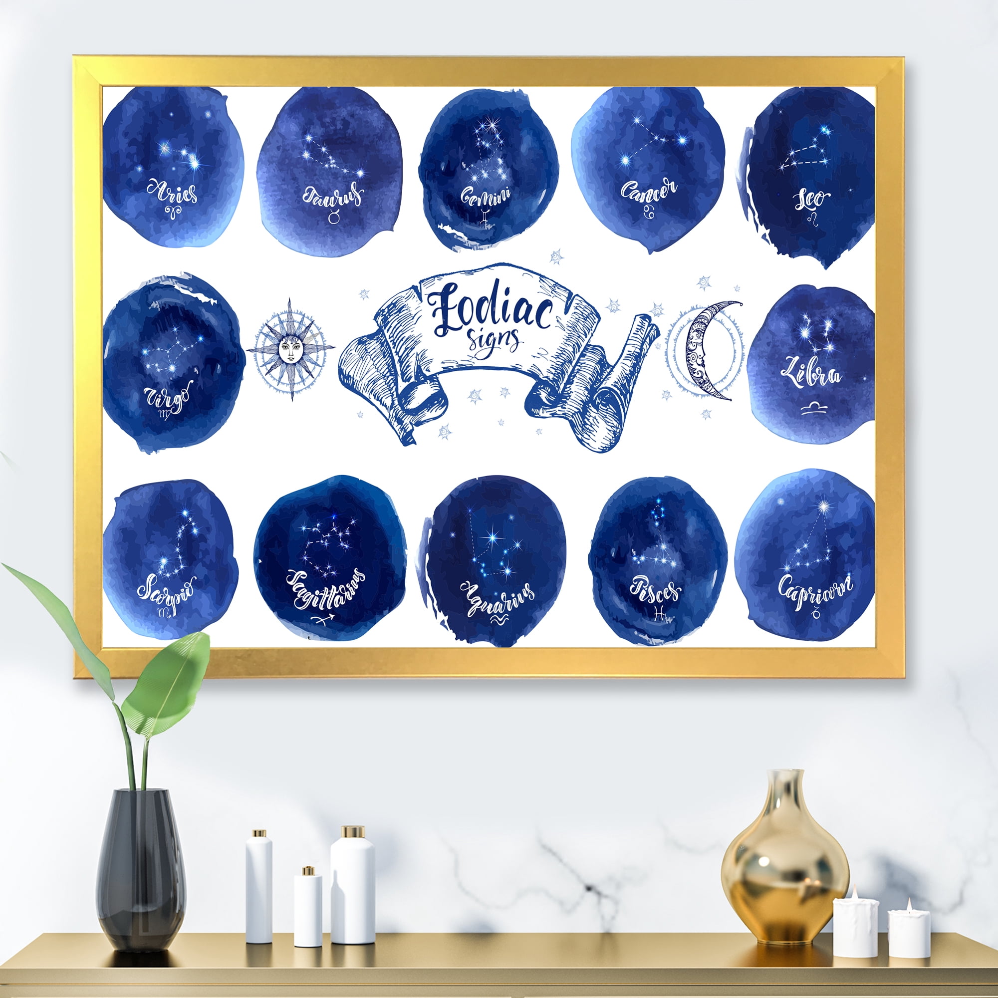 Designart 'Collection of Astrology Signs On Blue Circles' Modern Framed Art Print