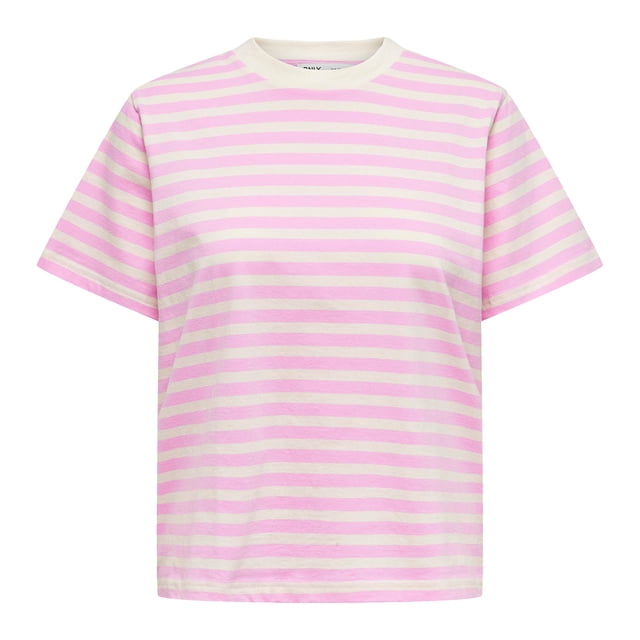 ONLY Camiseta de mujer - ONLLIVINA LIFE STRIPE TEE, manga corta, cuello redondo, rayas Blanco/Rosa XS (X-Small)