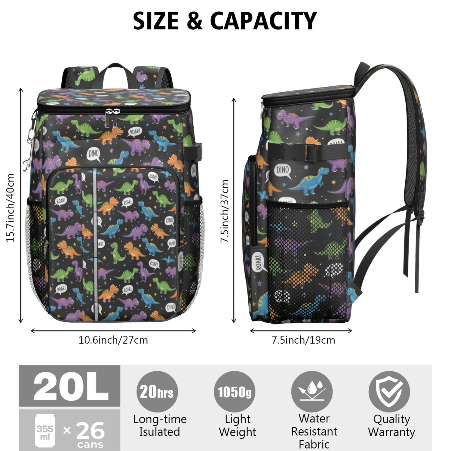 Travel Cooler Bag - Black Cartoon Dinosaurs Speech Bubbles Pattern Camping Beer Cooler Backpack with Bottle Opener- Waterproof Insulated Picnic Backpacks - Cooler Bag for Beach