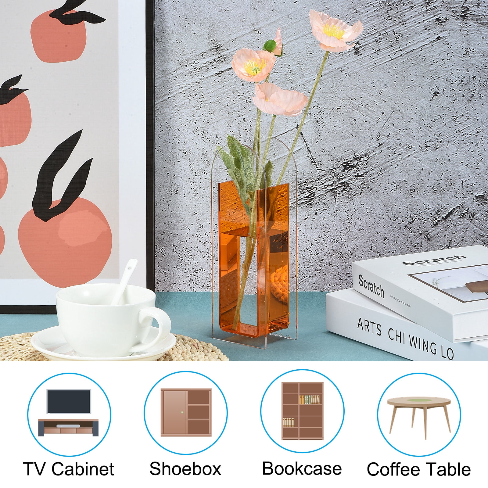 Unique Bargains Arch Acrylic Floral Vase Clear Geometric Table Centerpiece Decorative Vase Orange