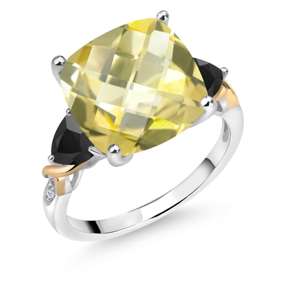 Gem Stone King 925 Silver and 10K Yellow Yellow Lemon Quartz and Black Onyx and Diamond Ring for Women (7.43 Cttw, 12MM Cushion and 5mm Trillion) (Size 8)