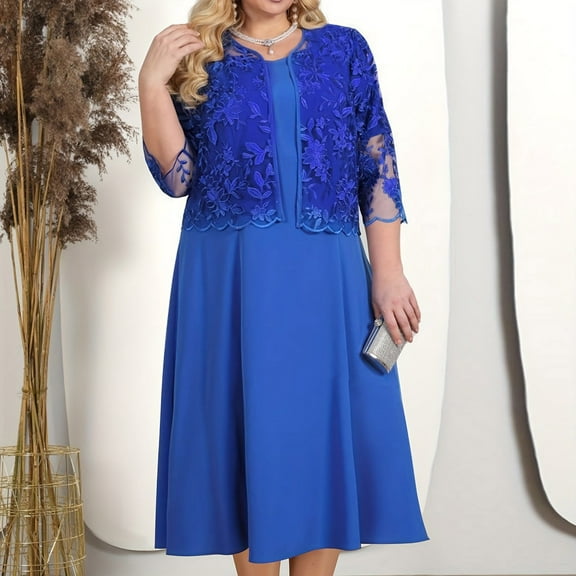 Women Plus Size Dress Coat Set Plus Size Party Outfit Floral Lace Embroidery Midi Dress Set For Plus Size Women Elegant Party Outfit Set Midi Dresses for Women Summer Casual Mini Dress Knit Sleeveless