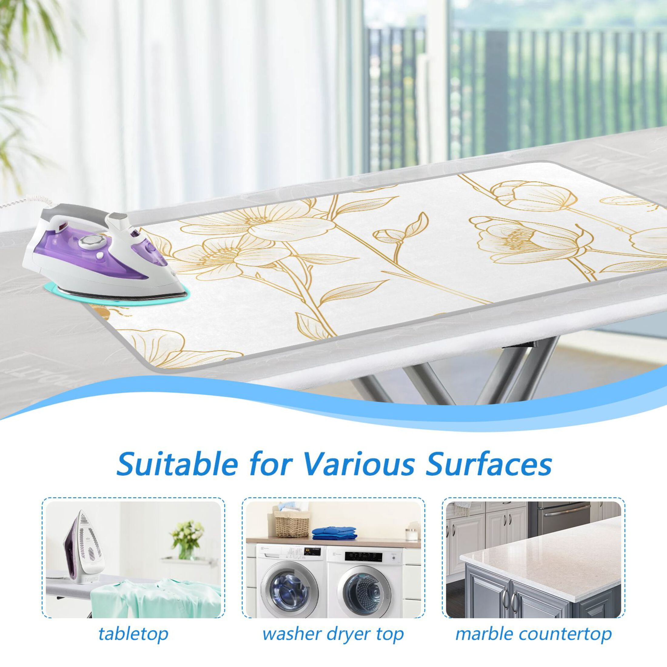 Flowers with Bees Flying Line Art Ironing Mat Blanket Portable Travel Ironing Pad Heat Resistant Pad 47.2" x 27.6”