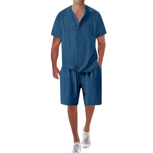 toraway Ensemble Court d'Automne pour Hommes 2 Pcs Mode Été Coton Décontracté Couleur Unie Manches Courtes Col Rabattu Short Costume TTG