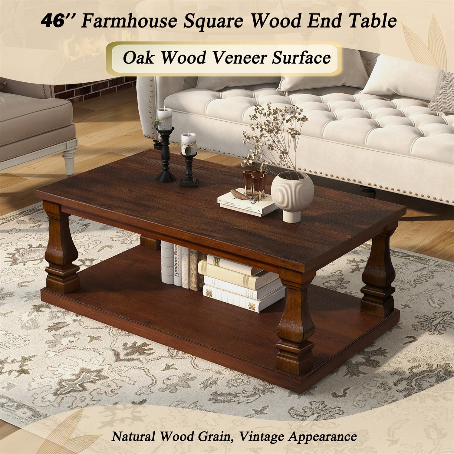 Hommoo Farmhouse Wood Coffee Table 46 Inch Rectangular with Open Shelf Storage, Rustic Living Room Center Table, Walnut