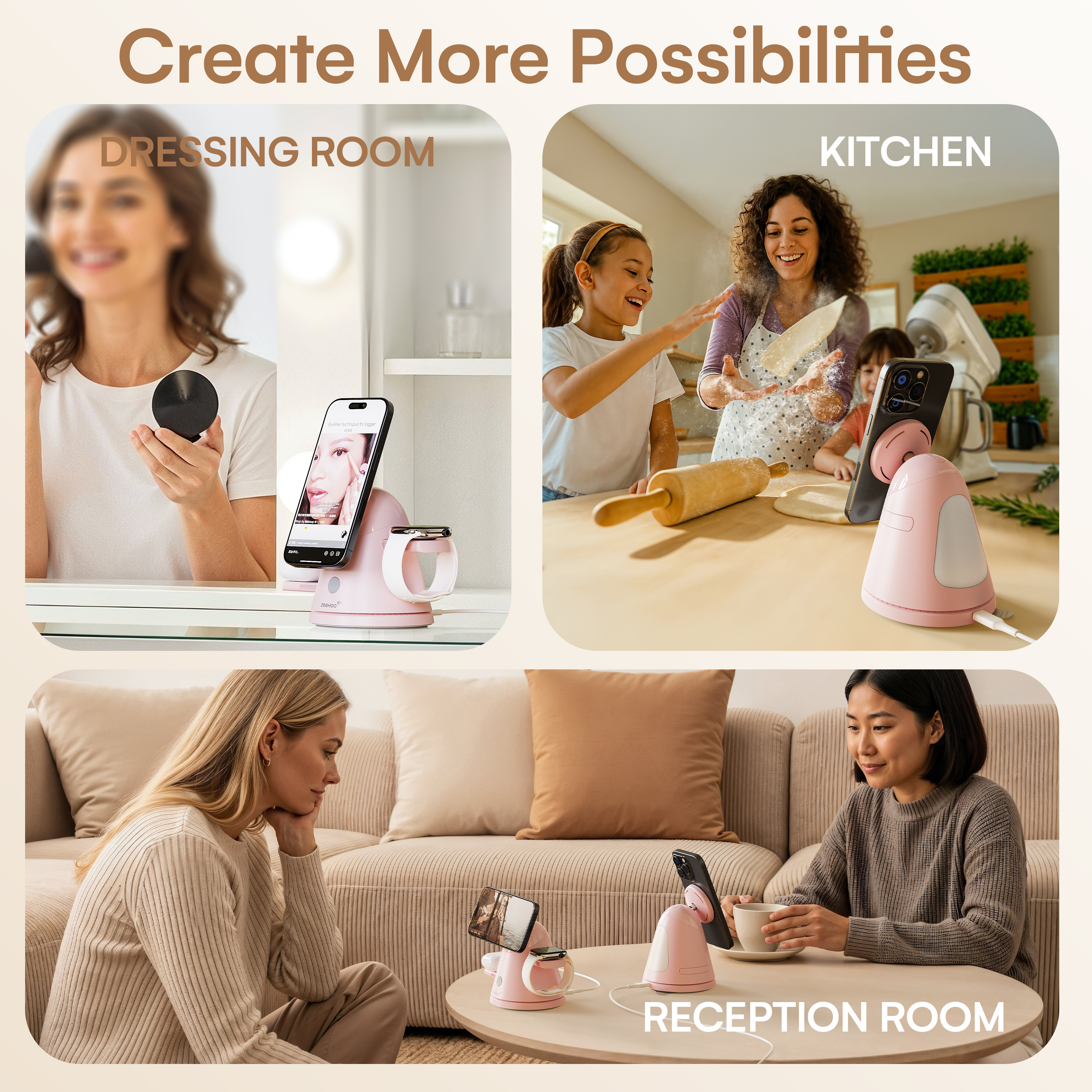 ZEEHOO 4-In-1 Wireless Charging Station Qi2 15W - Mag-Safe Charger with 360° Rotating Base & Adjustable Brightness Night Light, with 30W Adapter