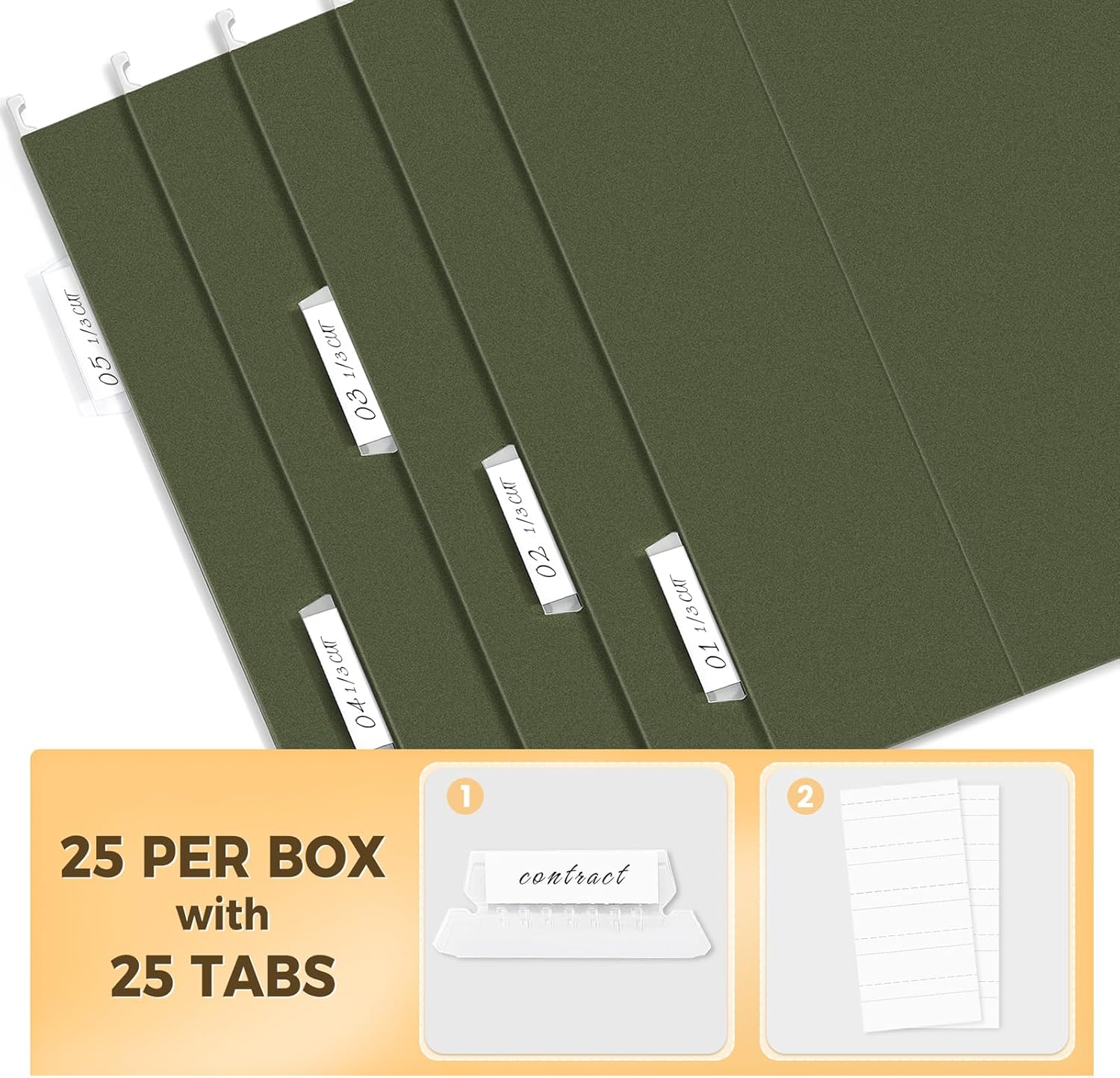 Hanging File Folders, 25 Pack Reinforced Hang Folders Letter Size, Adjustable 1/5-Cut Tabs, Designed for Bulky Files, Filing Cabinet, Standard Green
