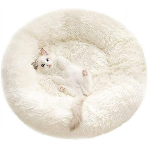 Fluffy Pet Bed- Dog Bed for Small Dogs with Round Donut Shape, Machine Washable-23.62 x 23.62 x 1.18 inches, Beige White