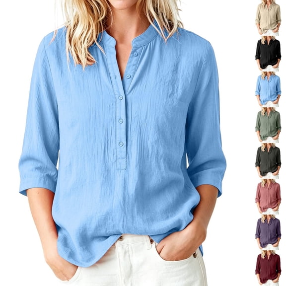 Qingpeng Womens Linen Collar Shirts Button Up 3/4 Sleeve Tunic Tops Trendy Gauze Blouses Fall Dressy Solid Color Work Shirt