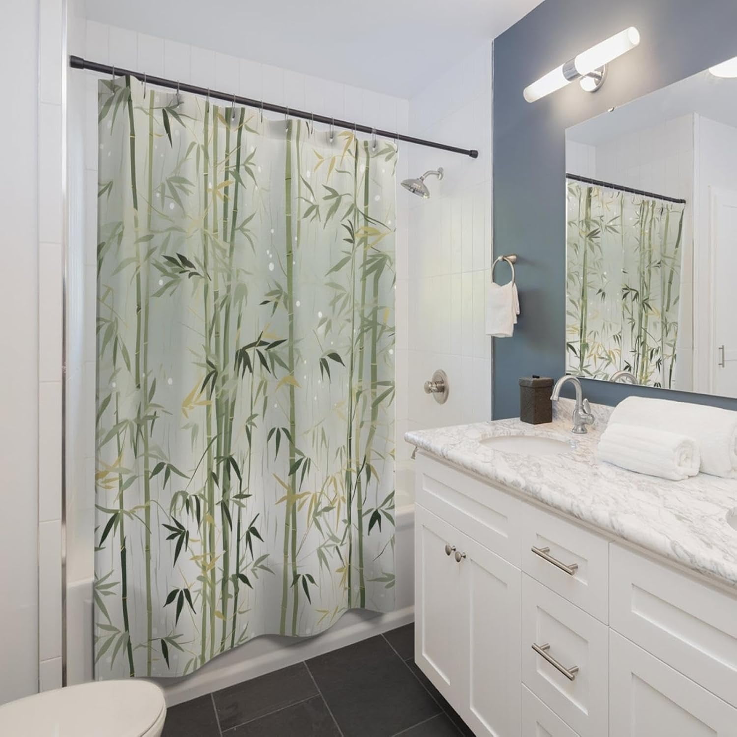 Bamboo Shower Curtain Green Bamboo Forest Tree, Modern Minimalist Botanical Leaf Pattern, Japanese Asain Rustic Nature Plant Fresh Spa Fabric Bathroom Sets with Hooks-72"W x 72"L (Pack of 1)