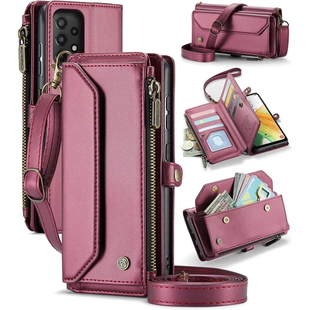 funda billetera para Samsung Galaxy A33 con Protección RFID, Ranuras para tarjetas, Pata de Cabra, Correa Desmontable-Funda para teléfono tipo Bandolera con tapa de Cuero PU a prueba