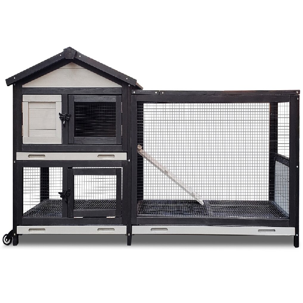 Two-Layer Outdoor & Indoor Rabbit Hutch with Waterproof Roof, Removable Wire Mesh bedding area and Ventilation - Wooden Bunny Cage for Rabbit, Chickens