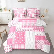 Manfei Modern Geometric Grid 7-Piece Twin Bedding Sets,Geometric Spot Aesthetic Bedding Comforter Set,Pink White Checkered Sheet Sets For Teens Girl,Luxury Bedroom Decor Reversible