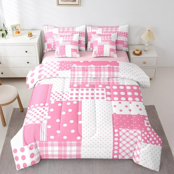Manfei Modern Geometric Grid 7-Piece Twin Bedding Sets,Geometric Spot Aesthetic Bedding Comforter Set,Pink White Checkered Sheet Sets For Teens Girl,Luxury Bedroom Decor Reversible