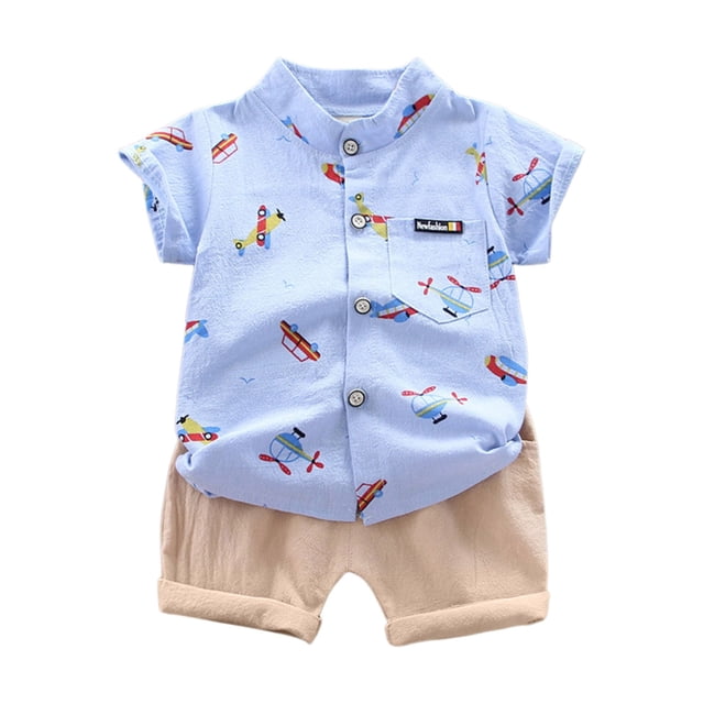 Hiiyo Infant Boys Outfits Summer Cartoon Short Sleeve Button Up Shirt Shorts Set