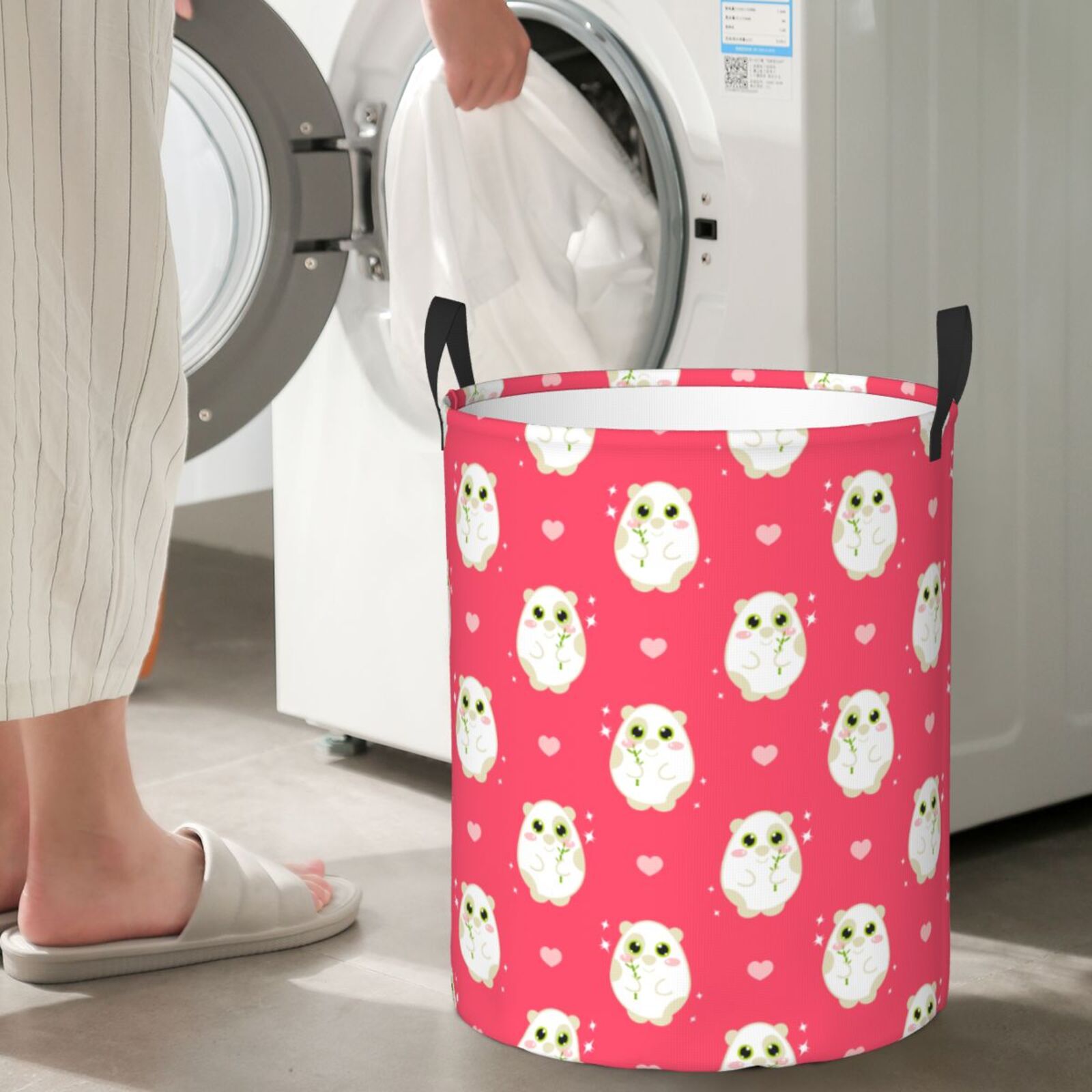 Large Laundry Basket with Handles - Cartoon Cute Hamster Rose Red Kids Baby Dirty Clothes Laundry Hamper for Bedroom Aesthetic