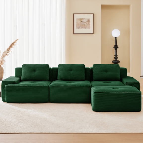 Aukfa 4-Piece Cloud Couch Sectional Sofa with Ottoman, 117" L-Shaped Deep Seat Boneless Couch, Upholstered Living Room Furniture Set, Green