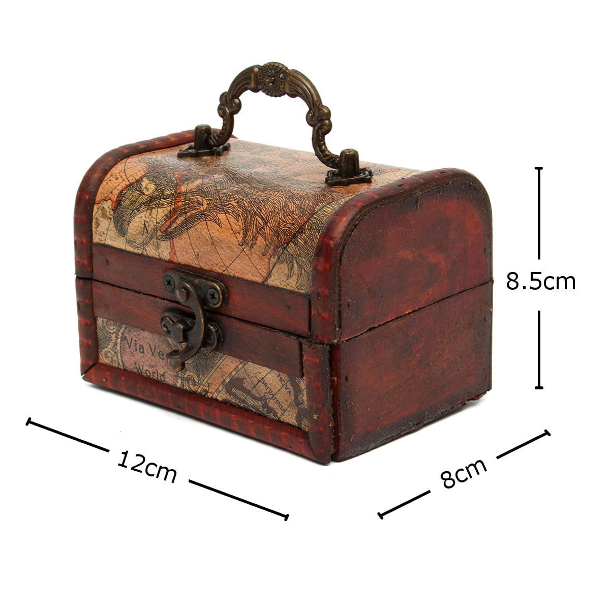Stylish Vintage Small Metal Lock Jewelry Chest Case Manual Wood Box MP 