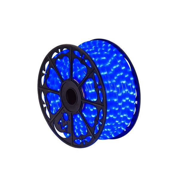 Vickerman 150' x .5" Fluorescent Blue LED Rope Light Spool, 120 Volt 2-Wire with 1" bulb spacing, UL approved.  Includes 3pcs each of 5' white wire power cord, power connectors, invisible splice conne