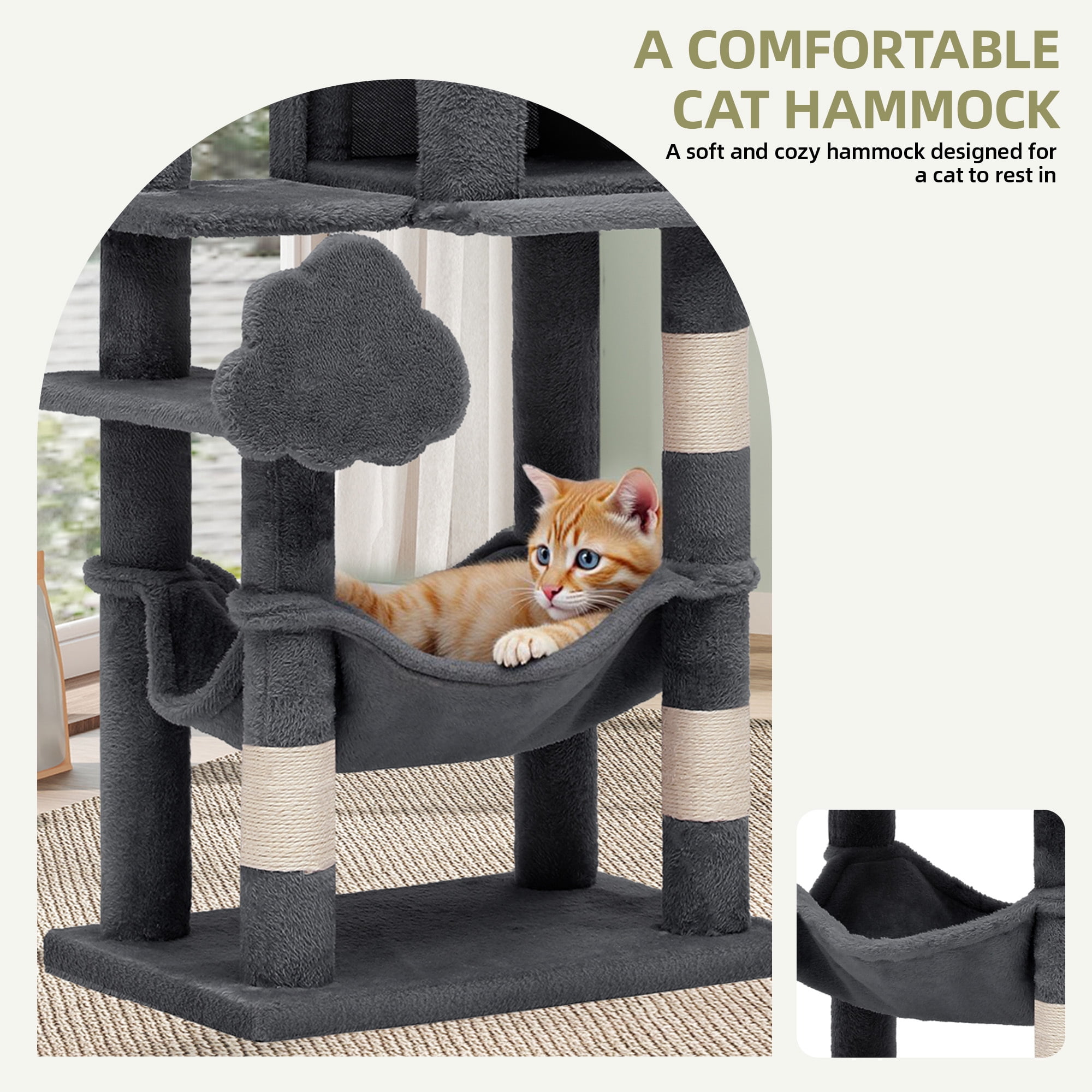 Uforic 44" Cat Tree Tower, with Scratch Posts, Condo, Hammock, Toys, Dark Gray
