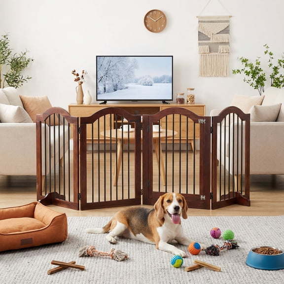 TrumanPick Free Standing Pet Gate with Door 96" Wide Foldable Dog Gate 4 Panels Solid Wooden Dog Fence Indoor with Support Feet for House Doorways Stairs