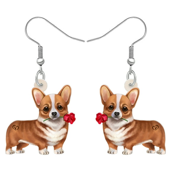Valentine's Day Acrylic Cute Rose Corgi Dog Earrings Puppy Dangle Jewelry for Women Dog Lovers Gifts