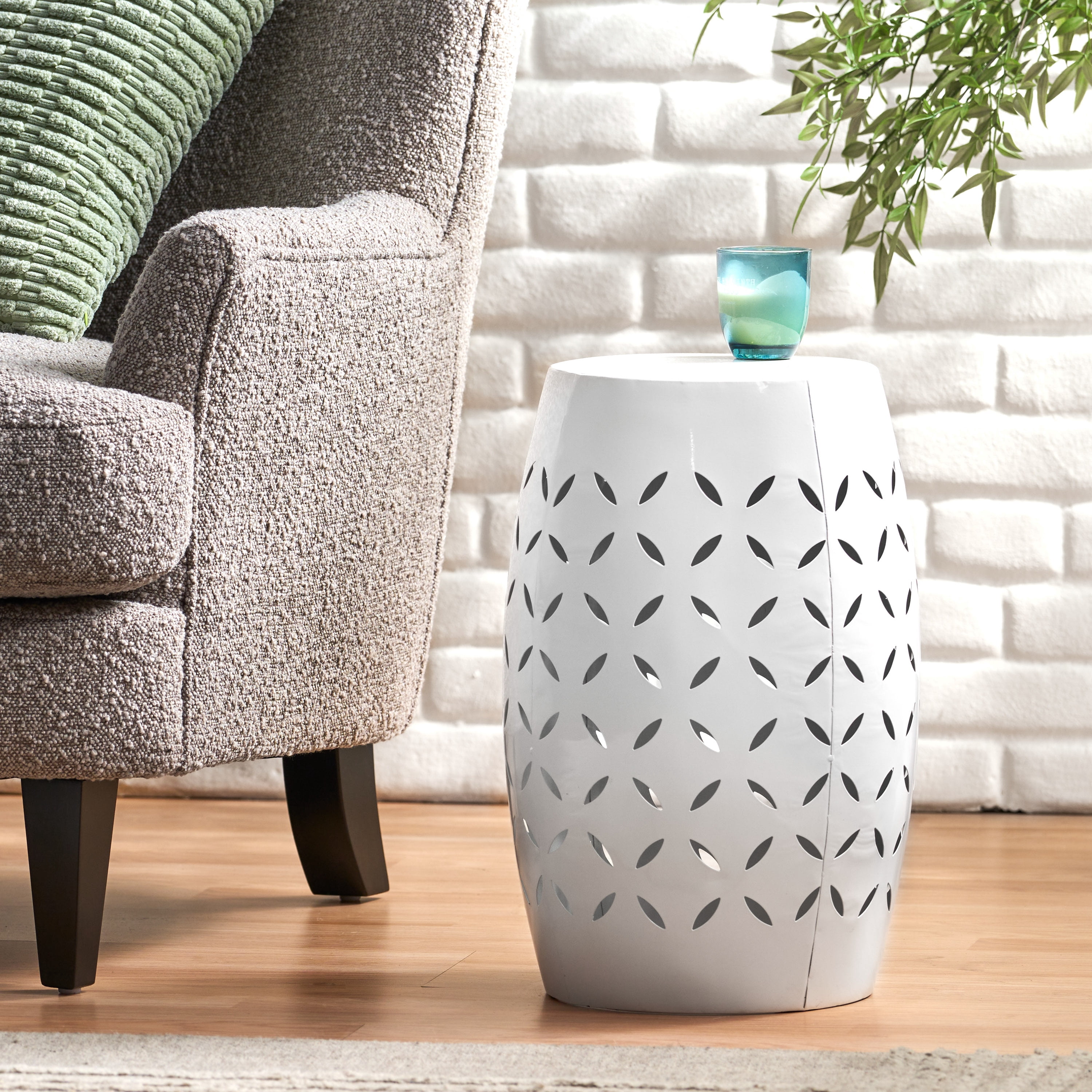 Euroco Lilac 12" Accent Side Table, Cylindrical Design End Table for Living Room, Family Room, or Entryway, Industrial Style,Coffee Side Tables for Indoor Outdoor, White Color
