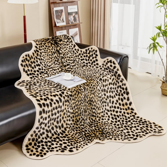 zhaocaijinbao Faux Leopard Print Area Rug 3.3'x3.1', Non-Slip Faux Fur Mat for Living Room