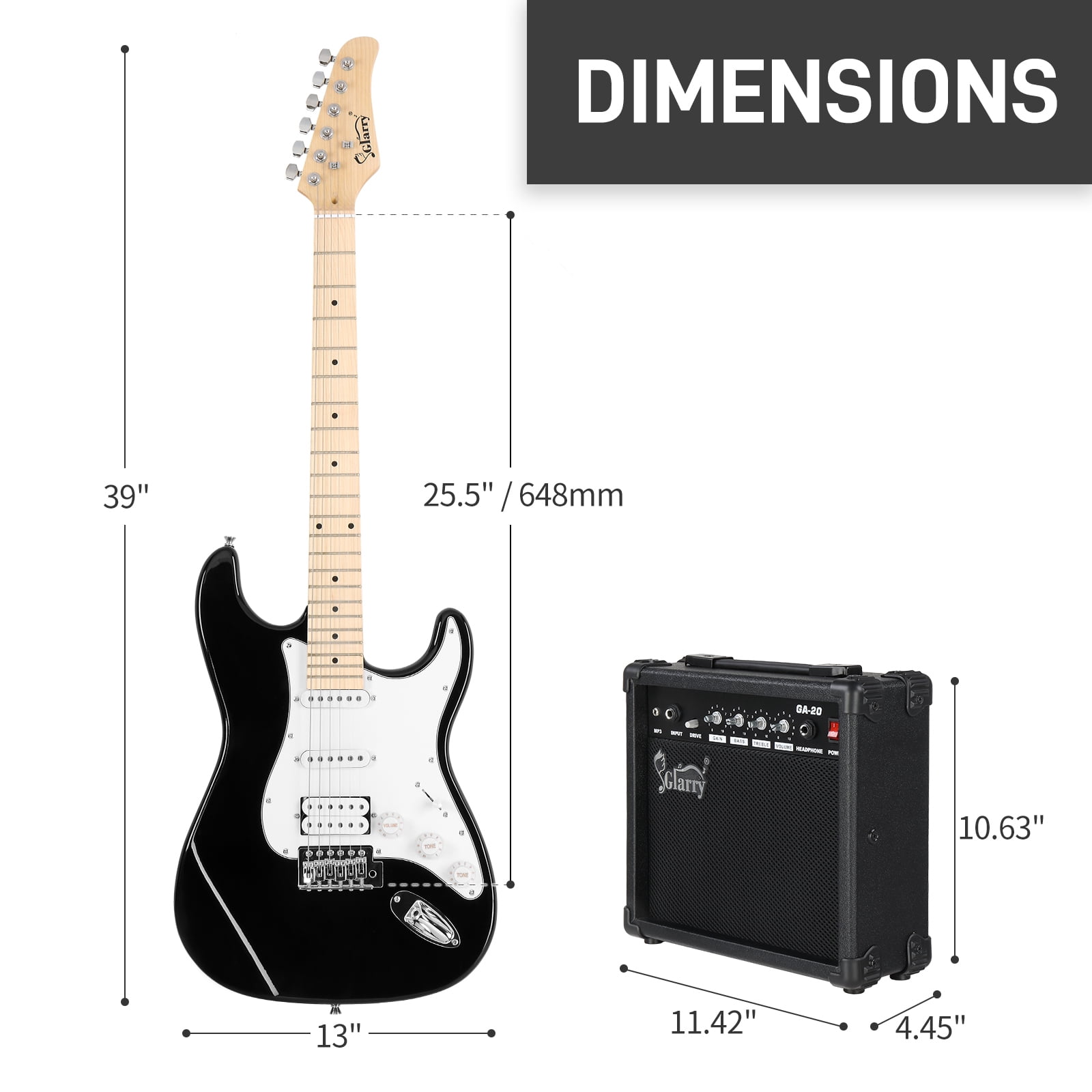 GST Electric Guitar Kit with 20W Amp, H-S-S Pickup Right-Handed Electric Guitar with Carry Bag, Guitar Strap, Wrench Tool (Black)