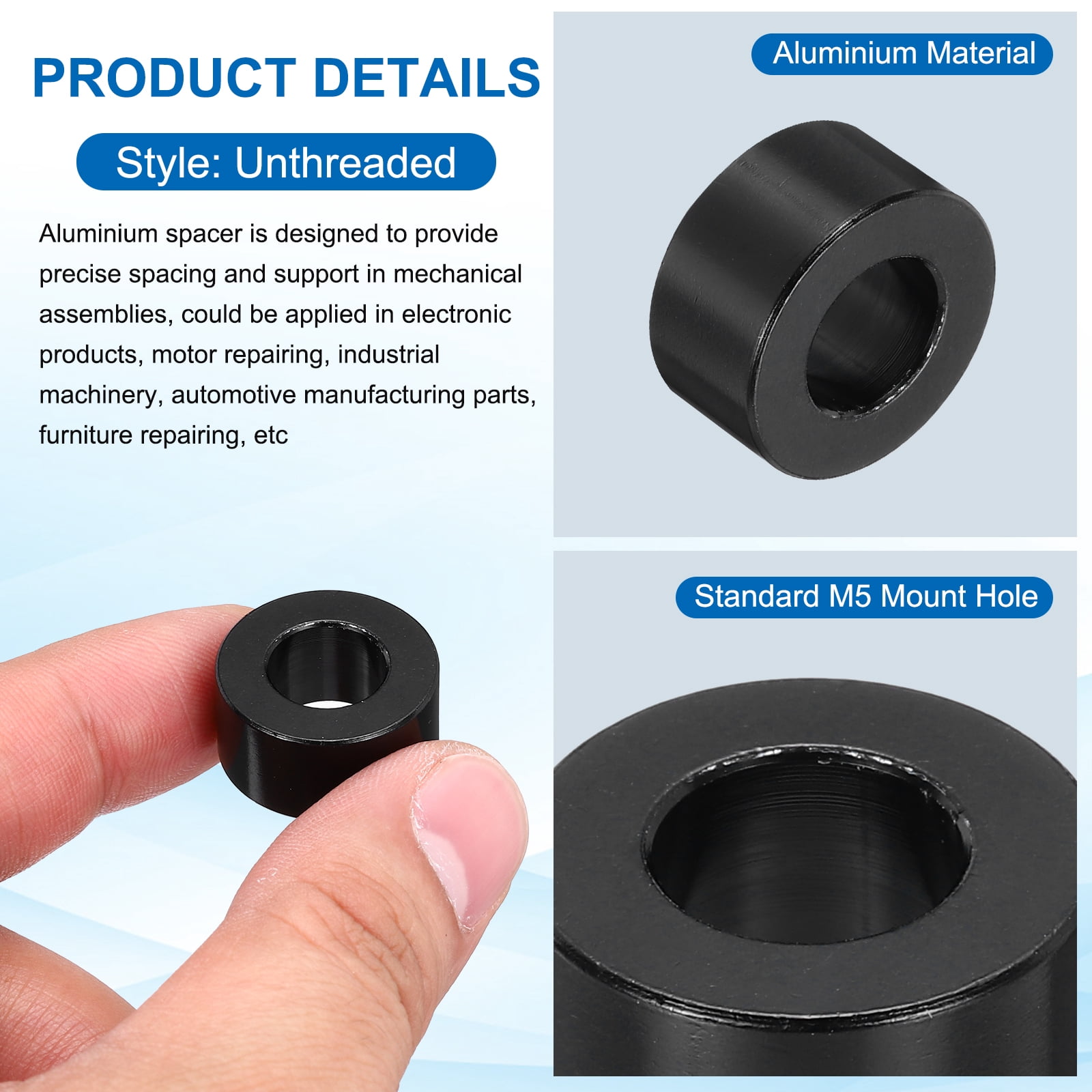 Uxcell 10pcs M10 Aluminium Spacers, 7/16" ID x 17/16" OD Round Standoff Spacer, Unthreaded Metal Spacers for 7/16" M10 Screws Bolts, Black 3/8" Length