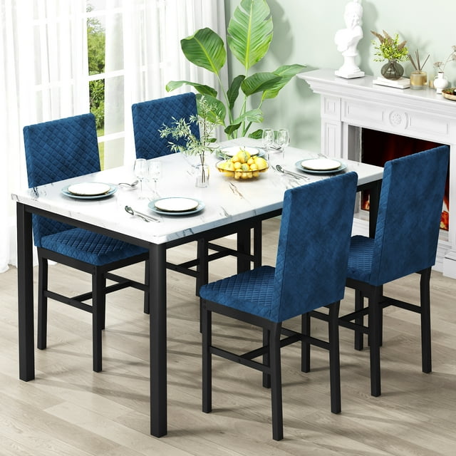 Stmoze Ensemble de Table à Manger pour 4, Table de Cuisine en Faux Marbre et Chaises, Ensemble de Salle à Manger Rectangulaire avec 4 Chaises en Velours, Ensemble de Salle à Manger Gain de Place pour Petit Espace, Café, Bleu