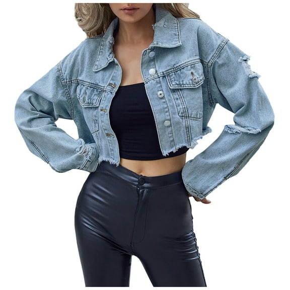 IROINNID Denim Jacket for Women Long Sleeve Turndown Lapel Light Wash Jean Jacket Solid Color Lightweight Button Down Frayed Hem Outerwear,Blue