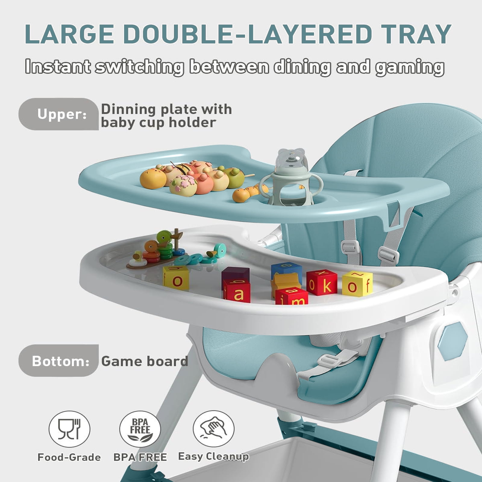 ManyFun-4-in-1 Baby High Chair Portable Toddler Baby Dining Chairs-Dining Booster Seat for Eating-Dinner Plate and Toy Rack,Light Blue