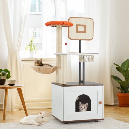 PXZEE 50" Cat Tree with Cat Litter Box Enclosure, 2-in-1 Cat Tower, Cat Condo with Scratching Posts for Indoor Cats,White