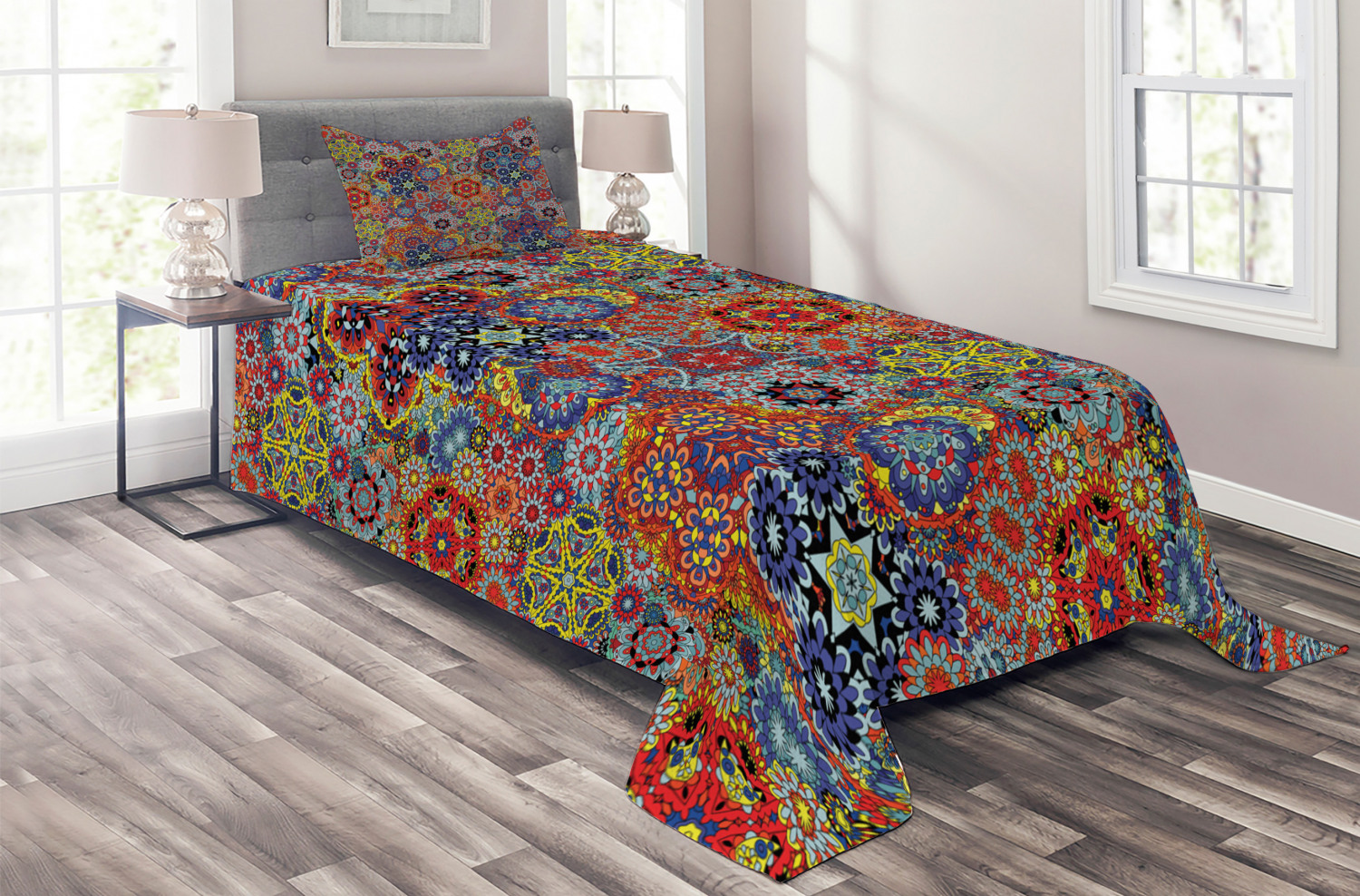 Batik Coverlet Set, Vintage Combined Nested Paisley Motif Oriental