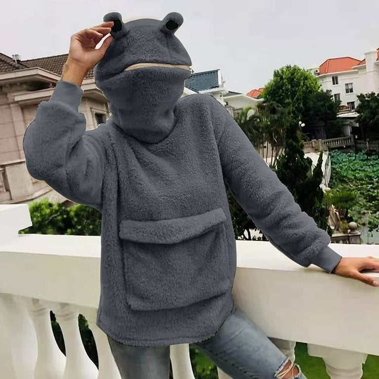 KIJBLAE Sales Women's Fashion Sweatshirt Fuzzy Pocket Pullover Tops Solid  Color Casual Comfy Womens Fleece Cute Frog Ear Sweatshirt Trendy Clothes  for Women Gray XL 