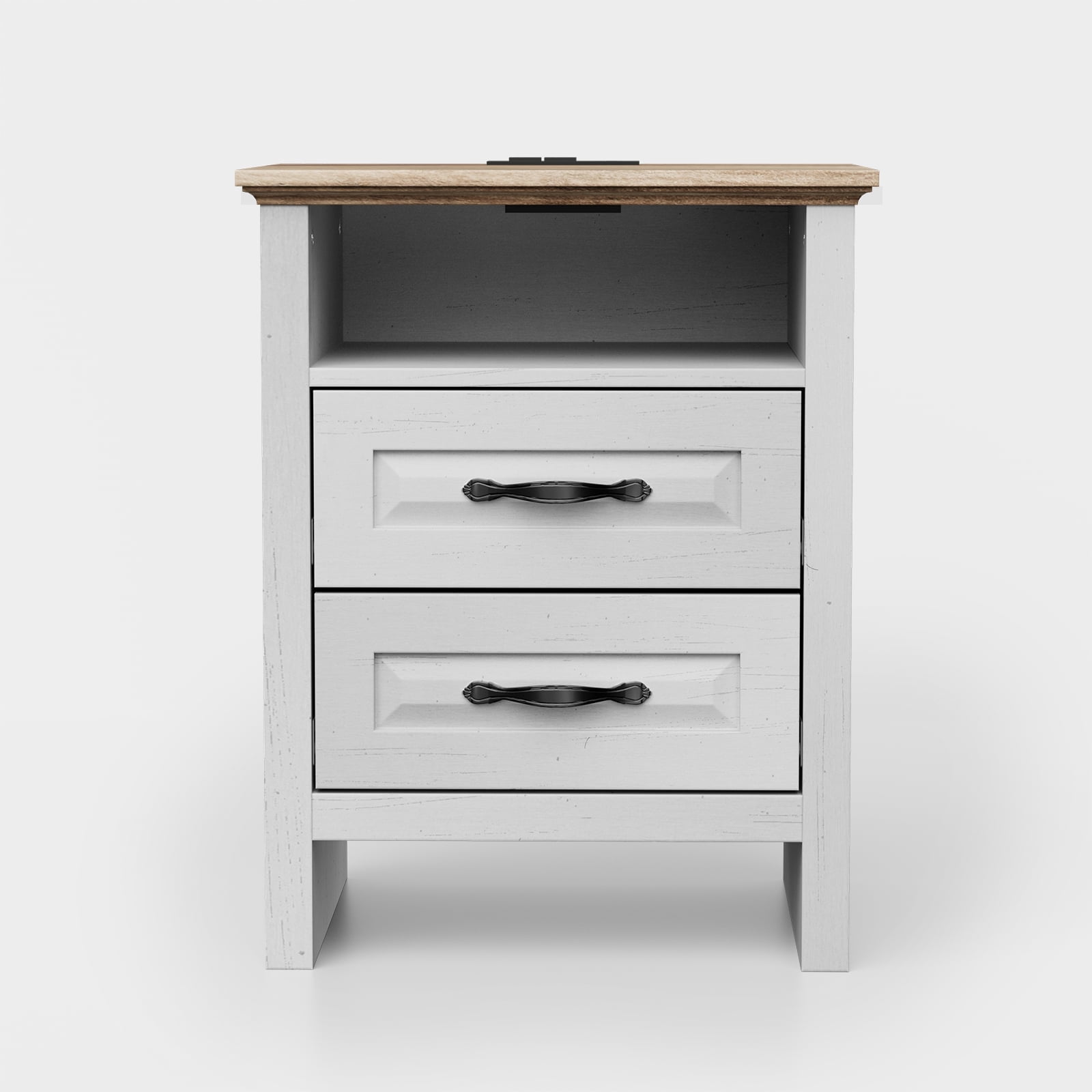 CHITOOMA Nightstand Set of 2 with Charging Station, 2-Drawer Farmhouse Bedside Table with Open Shelf, Small Wood End Table for Bedroom Living Room, White & Brown