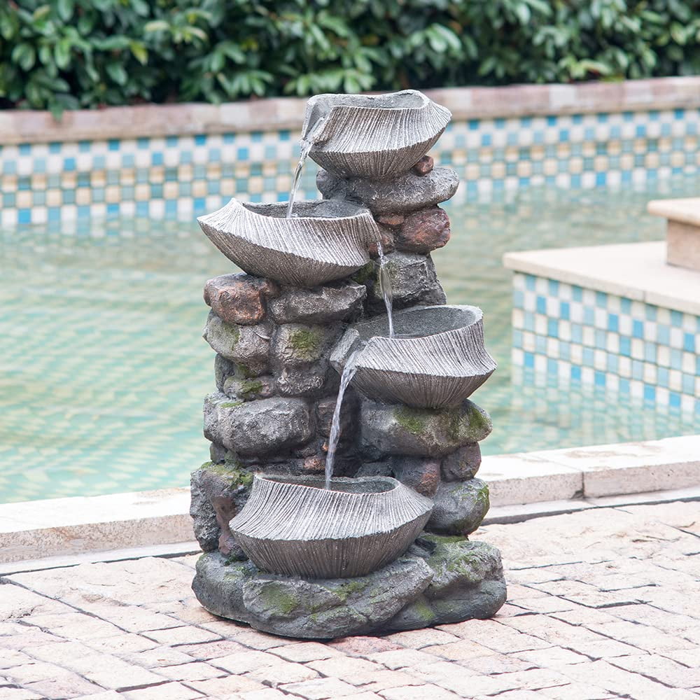 A&B Home 4-Tier Cascading Rock Bowl Water Fountain Outdoor with Lights, 32" in Tall