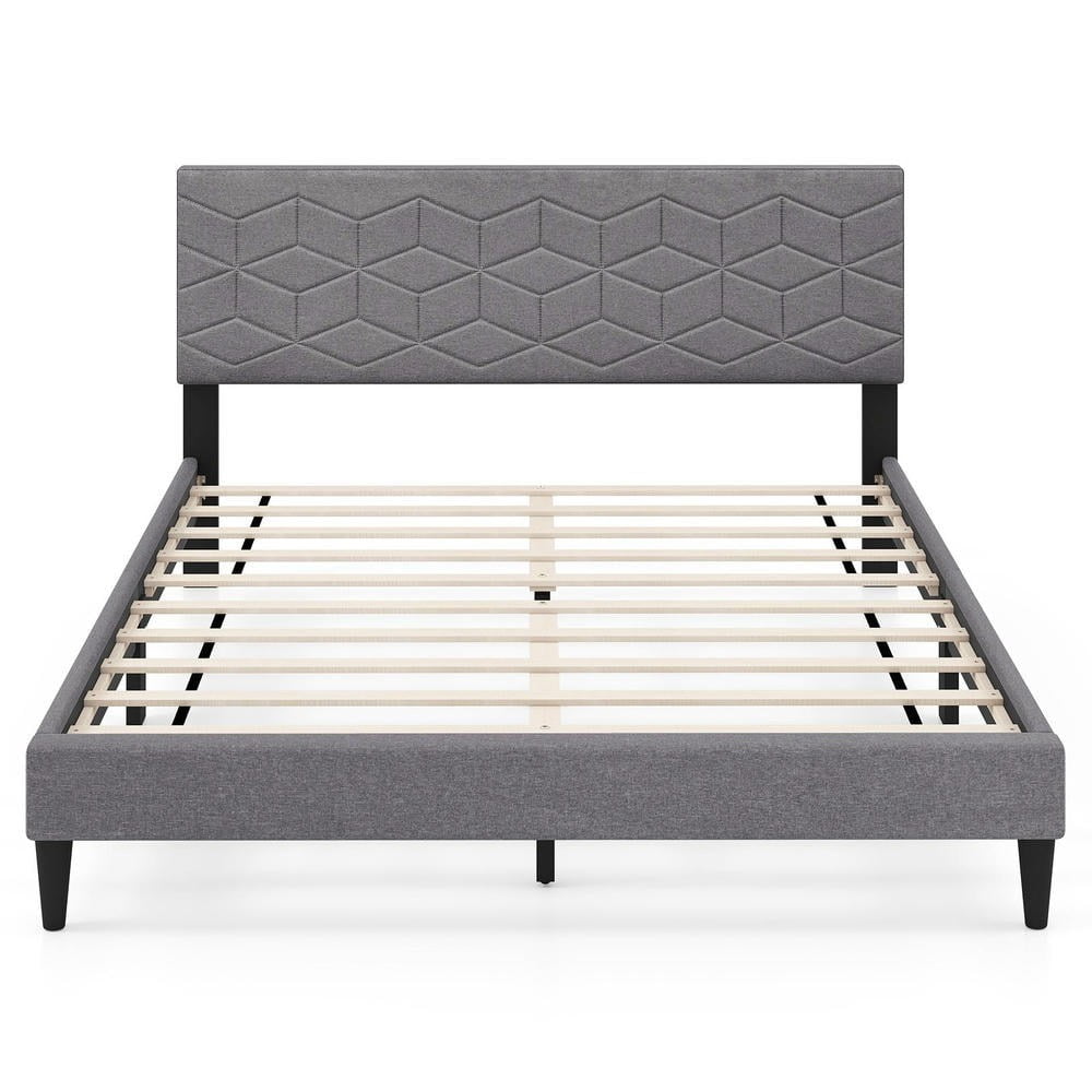GVN Queen Size Sturdy Bed Frame with Linen Fabric Upholstered Headboard, Bedroom Platform Bed Frame for Apartment, Bedroom, Gray