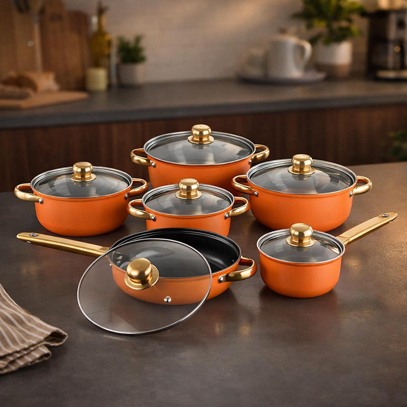 Nishiyuenyi 6 Pieces Stainless Steel Cookware Set Nonstick Pots and Pans Set for Kitchen Orange