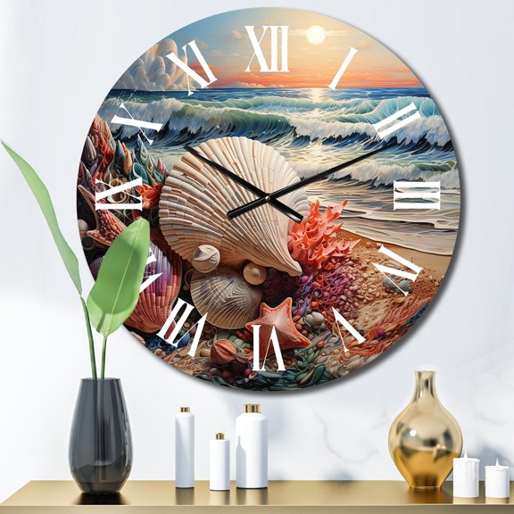 Designart "Seashell At Beach Euphony Pointillism" Animals Oversized Wall Clock