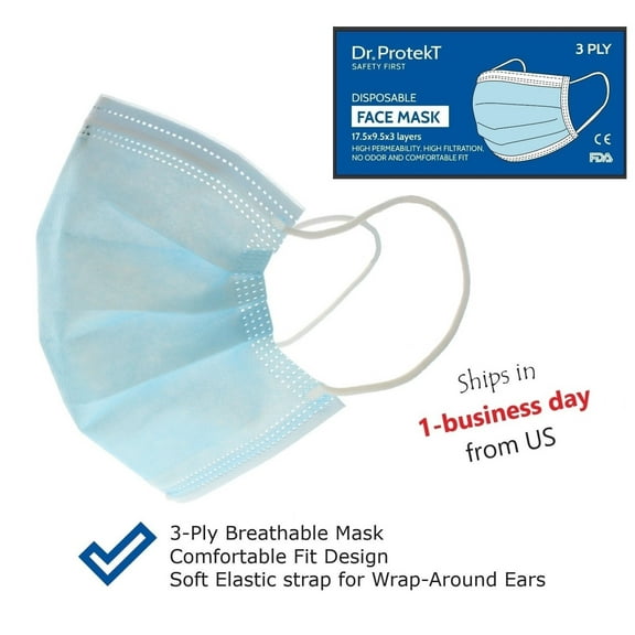 Dr ProtekT 3-Ply Disposable Face Masks (Pack of 100)