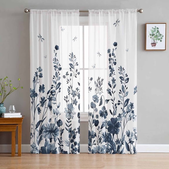 Blue Botanical Sheer Curtains 72 Inches Long 2 Panels Set, Window Sheer Curtains for Living Room/Bedroom, Dragonfly Flower Leaf Retro Ink Style Light Filtering Rod Pocket Curtain 52'' x 72'' x 2