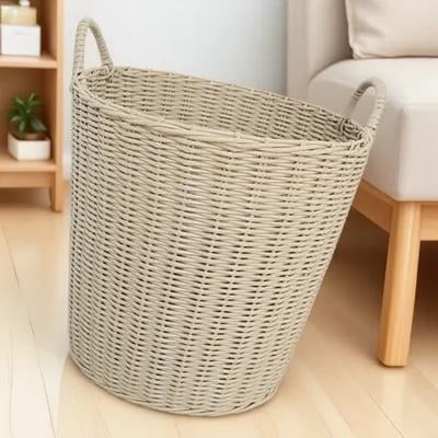 OULII Beige Woven Plastic Laundry Basket - Multi-Purpose Dirty Clothes Holder for Home Organization