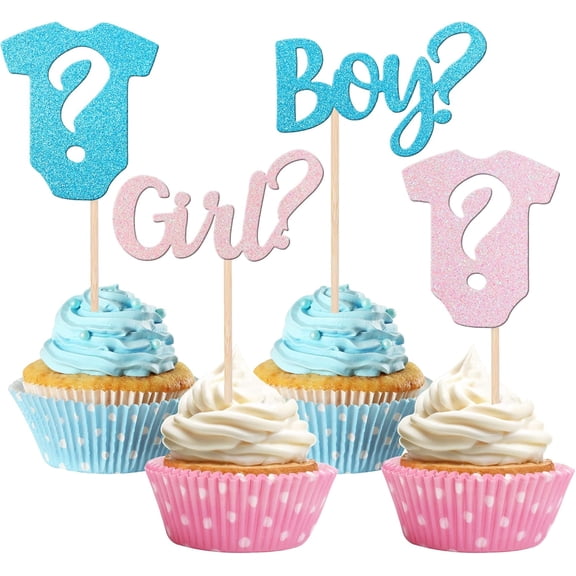 12 Pack Glitter Boy or Girl Cupcake Toppers, Blue & Pink Picks for Baby Shower Party Cake Decorations Supplies