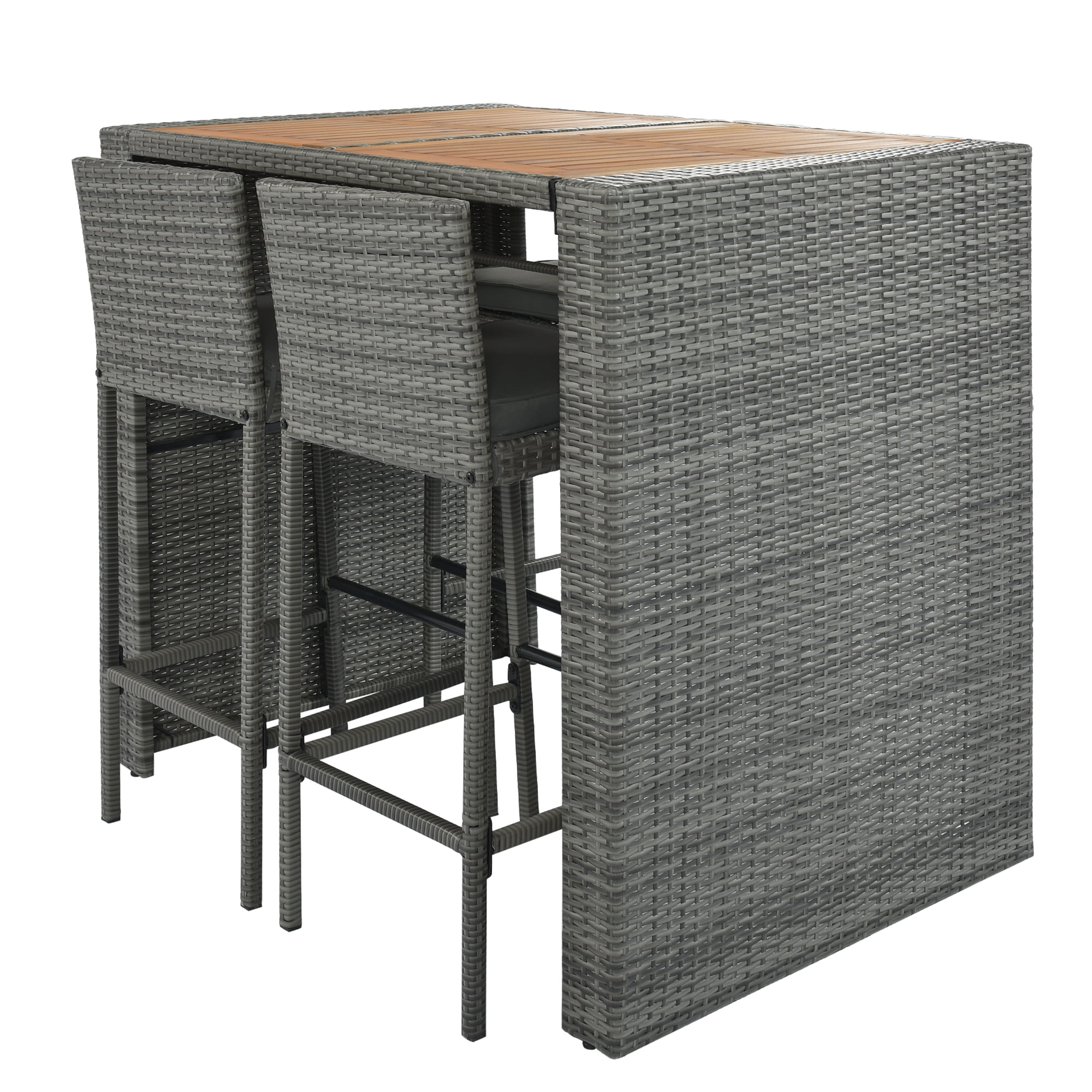 Bar Height 5-Piece Outdoor Patio Wicker Dining Set with 4 Stools and Acacia Wood Table Top, Removable Cushions for Garden Backyard Poolside Deck, Gray and Brown