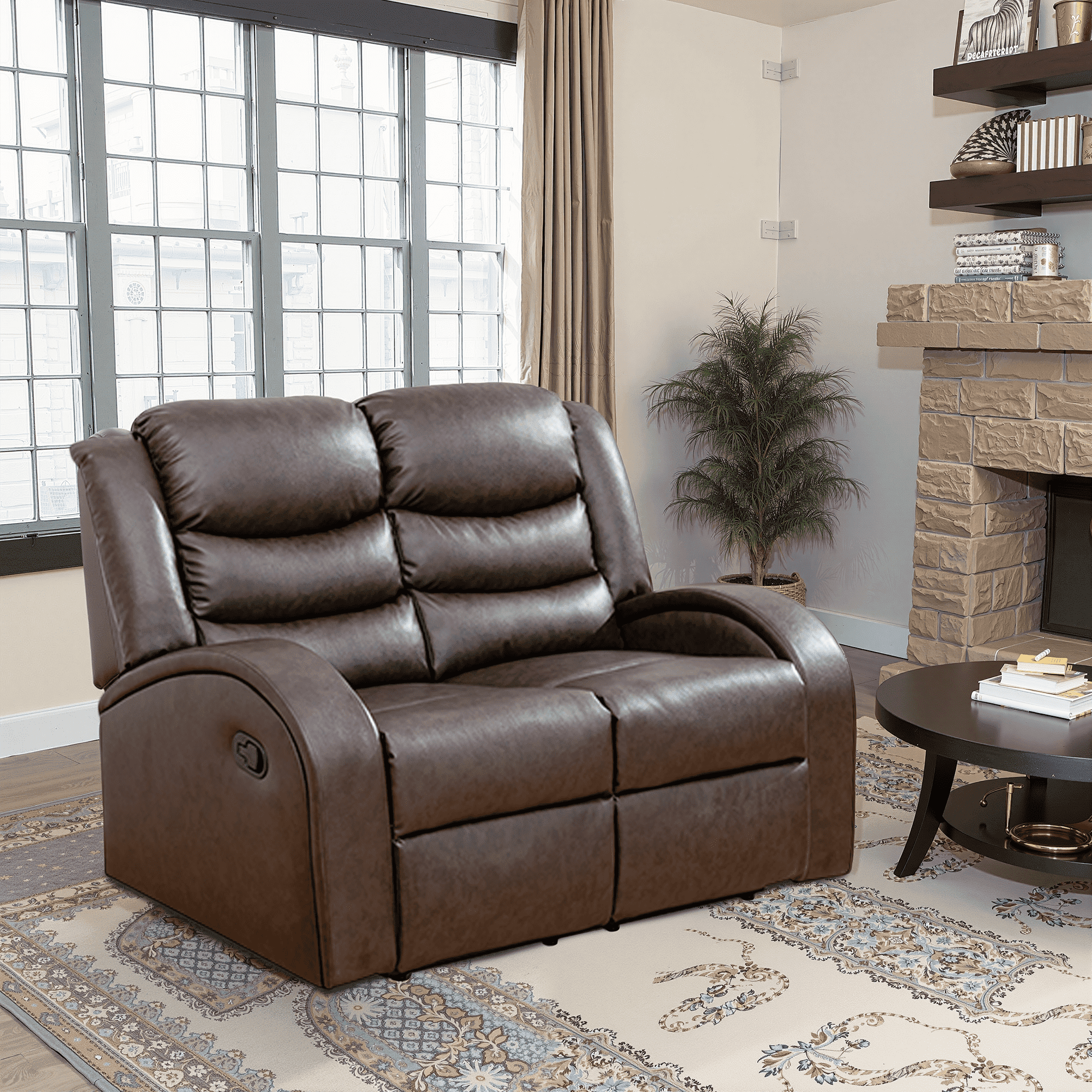 MAYEERTY Faux Leather Reclining Loveseat, 2-Seat Adjustable Backrest Recliner for Living Room, Brown