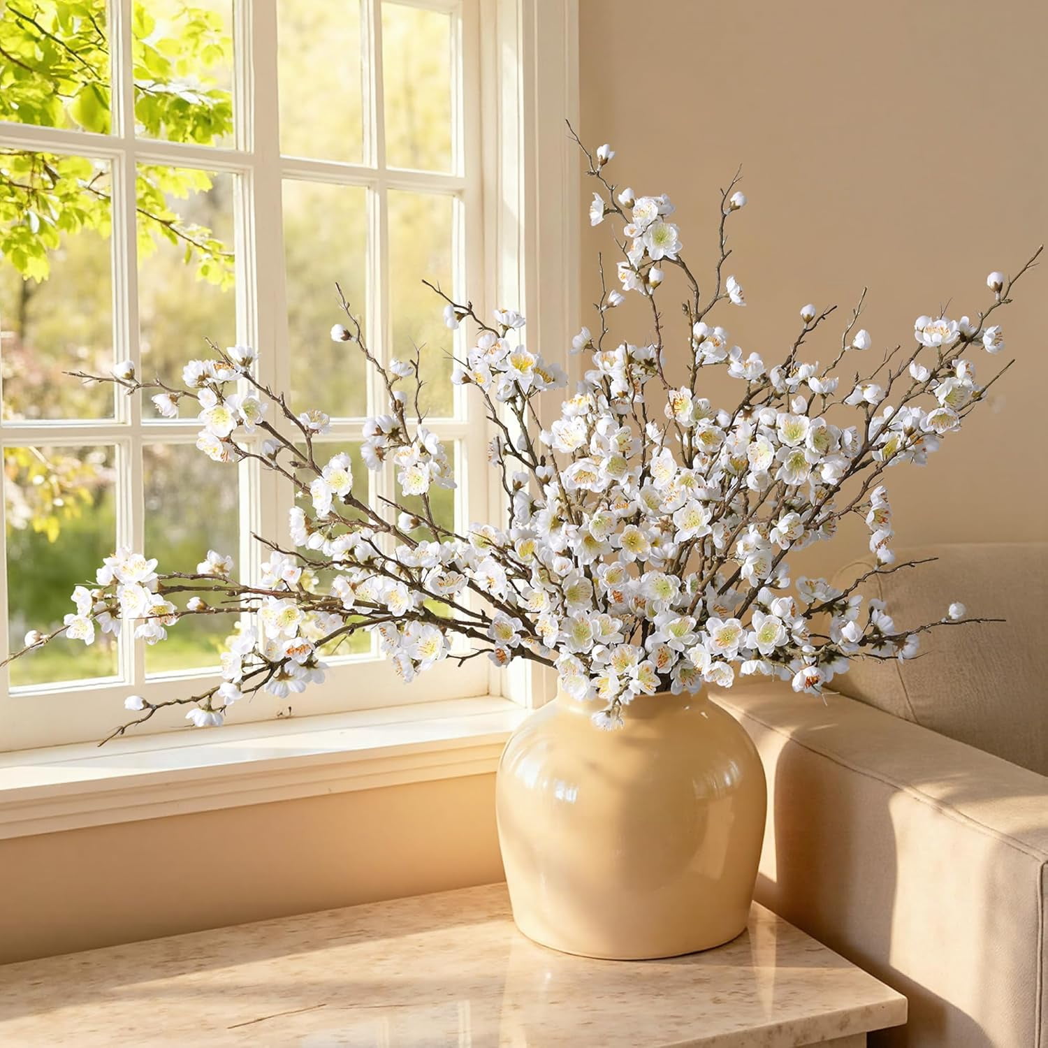 6 PCS Artificial Cherry Blossom Branches Spring Indoor Decoration, Faux Yellow Silk Flowers 34.45" Long Stems Real Touch Plum Fake Peach Plants for New Year Wedding Home Bedroom Table Office