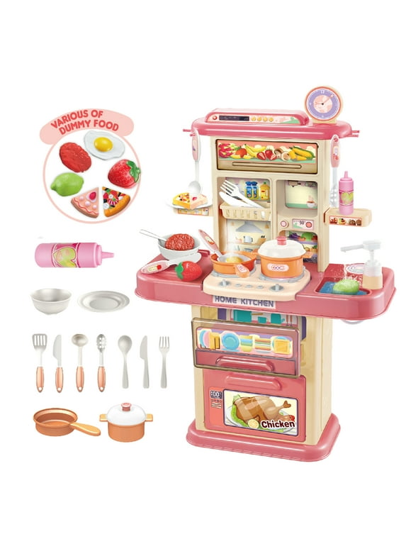 Hot Bee Play Kitchen, Kids Kitchen Playset with Real Sounds & Lights, Pretend Play Food Toys, Play Sink, Cooking Stove, Toddler Kitchen Toy Gift for Kids Age 2-6 (Pink)