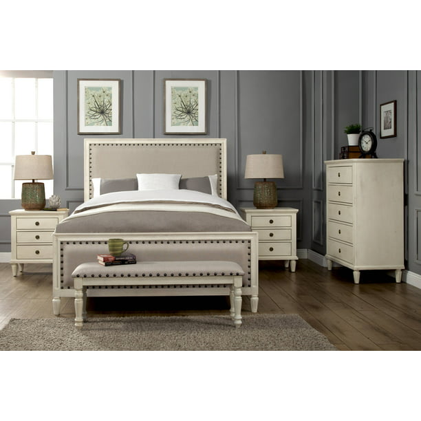King Bedroom Set With Solid Wood, White Bedroom Set With Padded Headboard